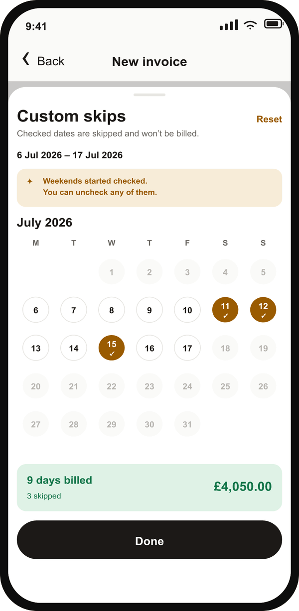 Custom skips calendar with weekends and one additional non-working date checked, showing nine billed days, three skipped dates, and the updated day-rate total.