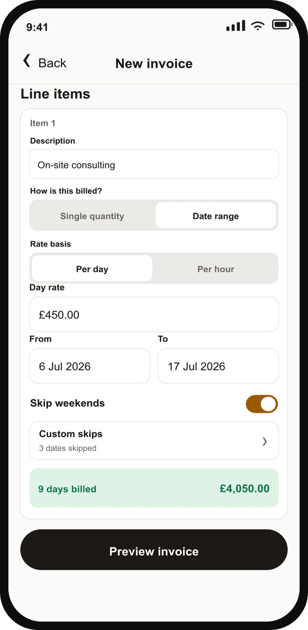 Date range line item billed Per day, with a £450 day rate, automatic weekend skipping, three excluded dates, nine billed days, and a £4,050 total.