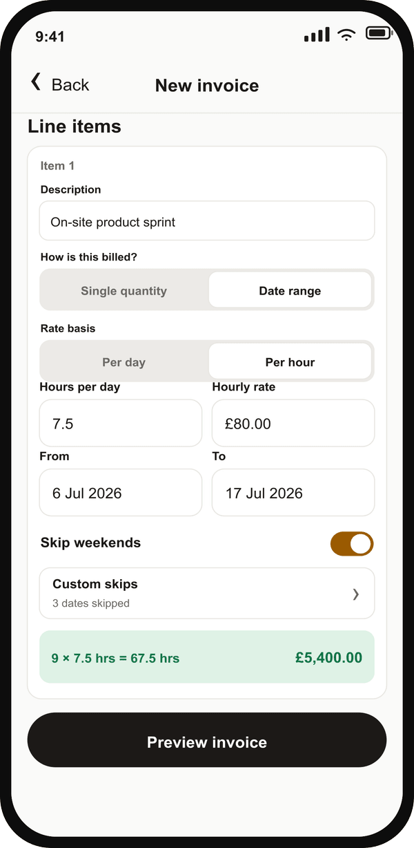 Date range line item billed Per hour with 7.5 hours per day, an £80 hourly rate, weekend and custom skips, and 67.5 automatically calculated hours.