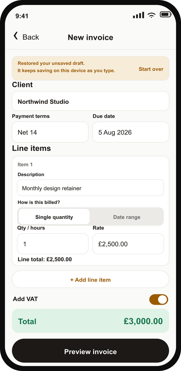 New invoice screen using Single quantity for a monthly design retainer, with an automatically restored working draft, payment terms, VAT, and a live total.