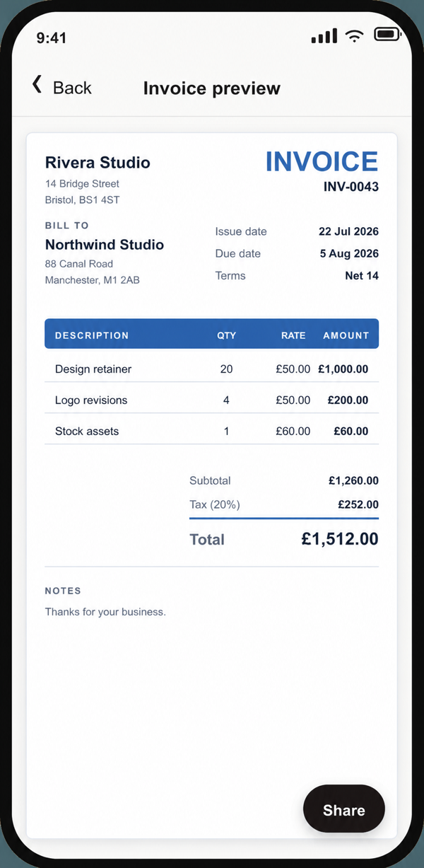 Professional invoice PDF preview with business and client details, itemised charges, tax, notes, and a native Share action.
