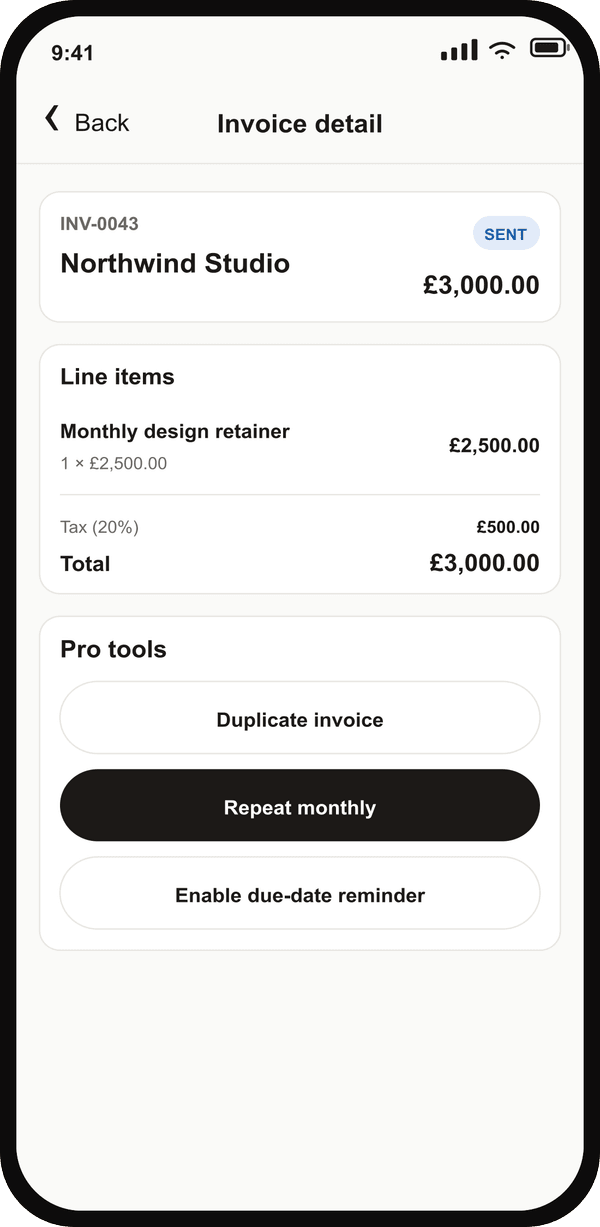 Invoice detail showing Pro tools to duplicate an invoice, repeat it monthly, and enable a due-date reminder.